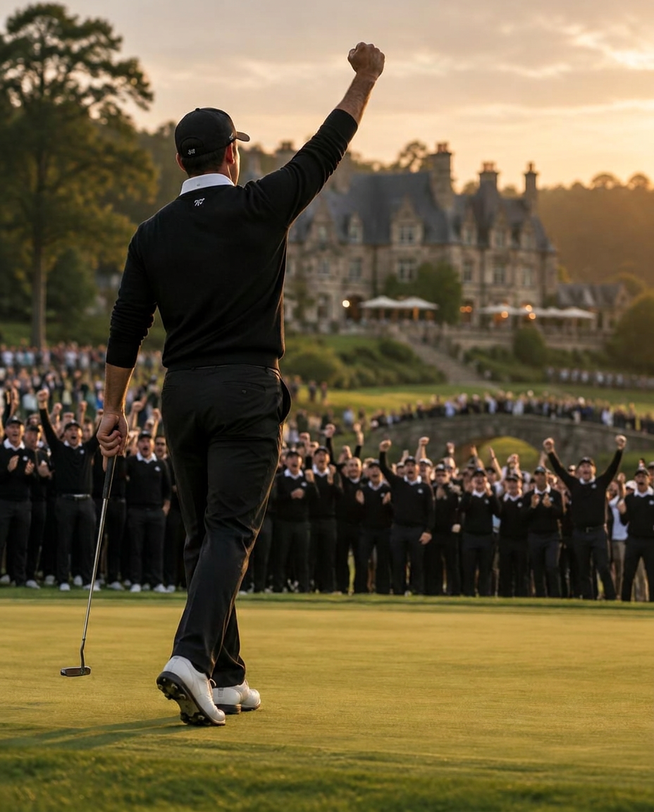 Joueur de l'équipe Men's 2 célébrant une victoire, bras levé, devant le château des 7 Fontaines